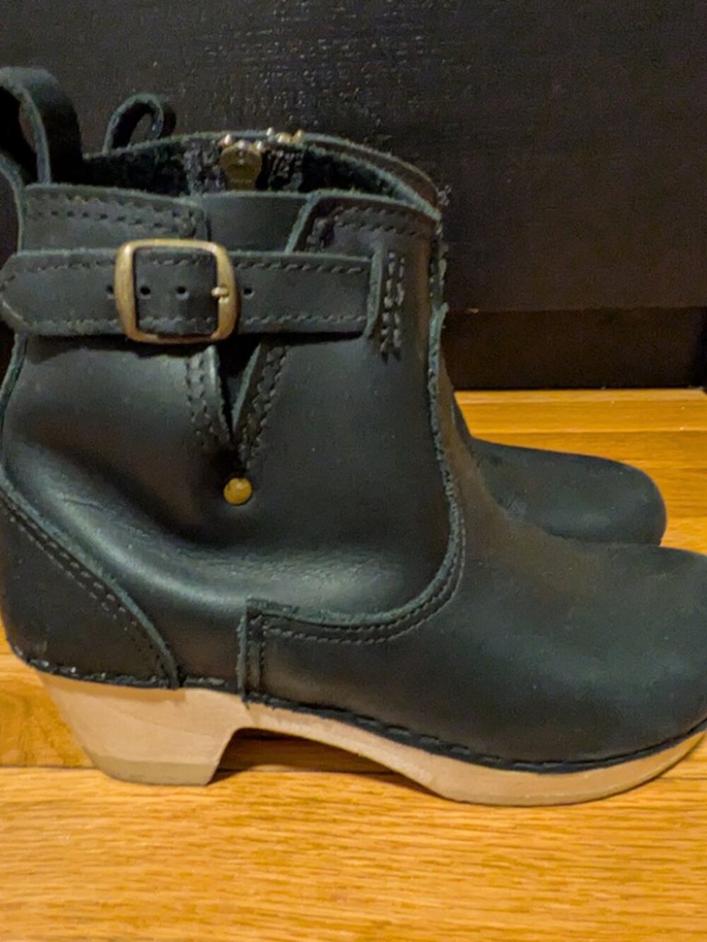 No. 6 Black Leather Clog Ankle Boots with Natural Wood Heel, Size 36